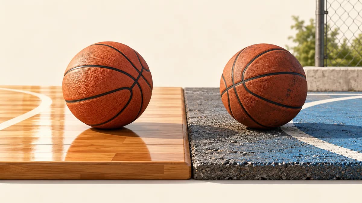 Illustration of basketballs on contrasting indoor and outdoor surfaces