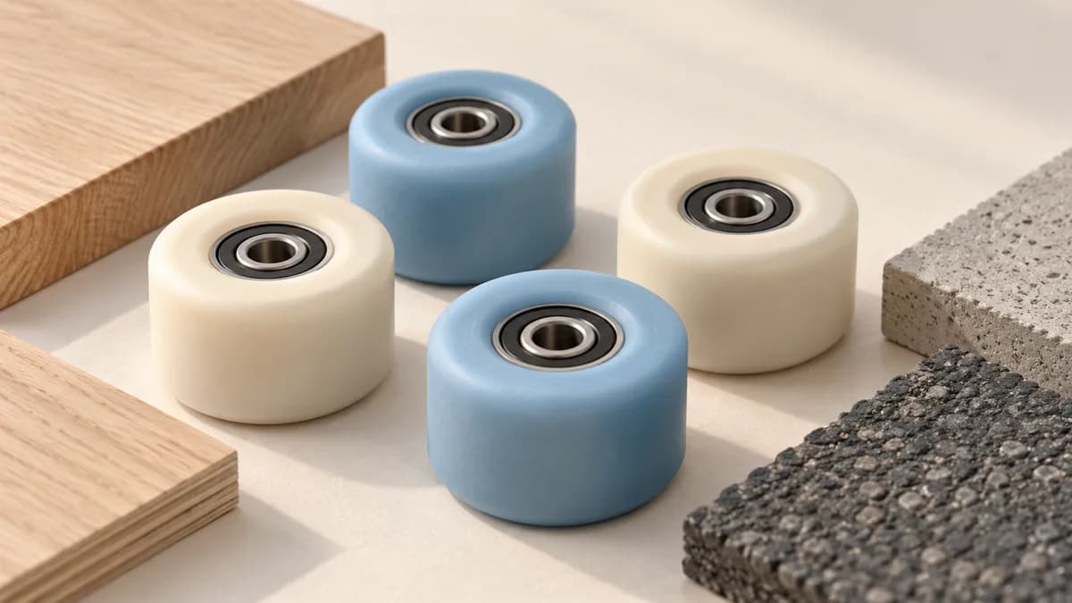 Illustration: Four blue and ivory skate wheels beside wood and textured pavement samples.