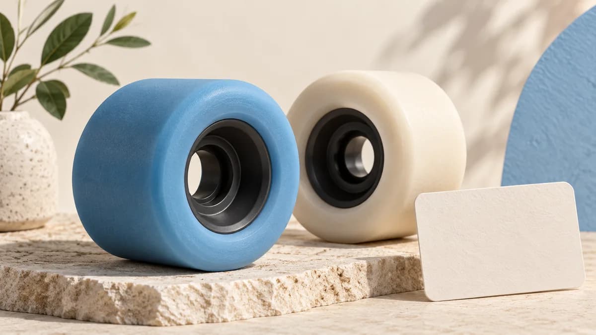 Illustration: Blue and ivory skate wheels beside a blank specification card.