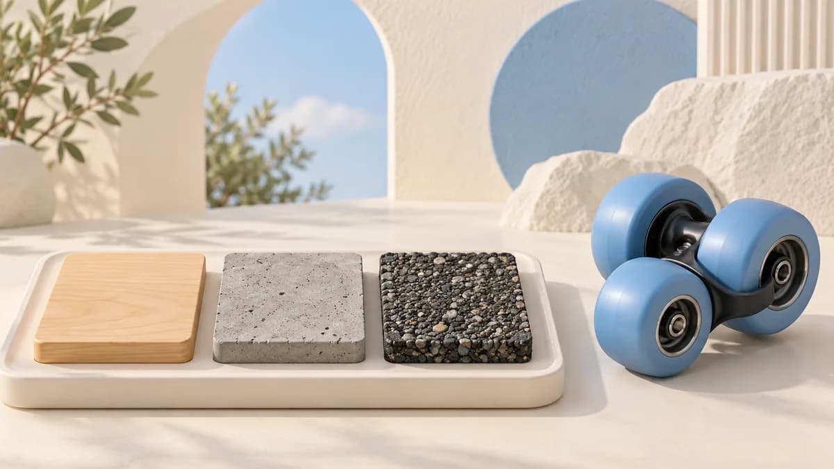 Illustration: Skate wheels beside three different floor and pavement samples.