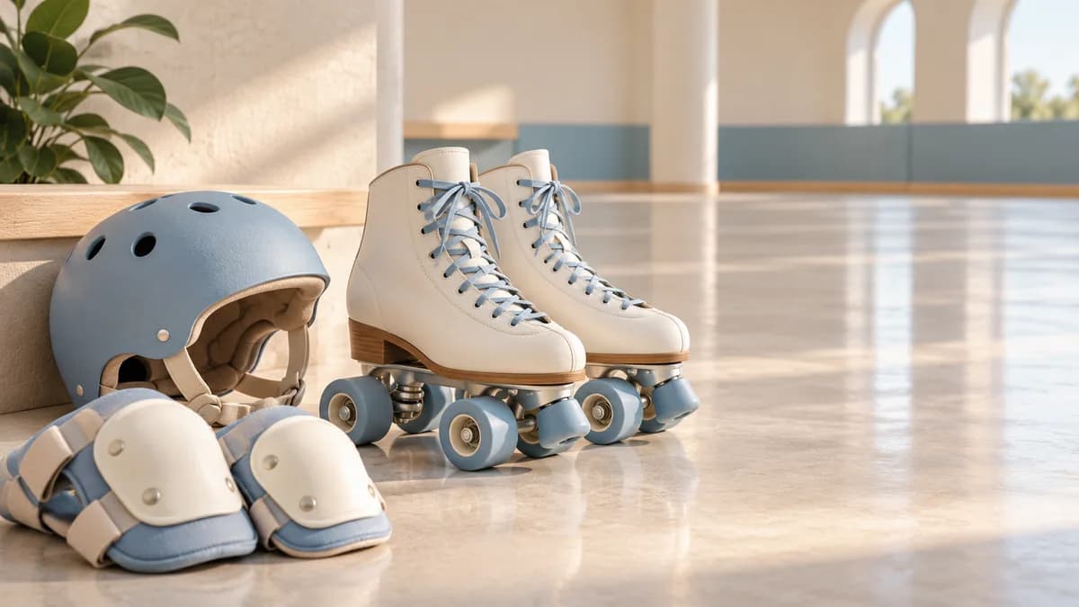 Illustration: Quad skates, helmet and protective pads beside an empty indoor skating floor.