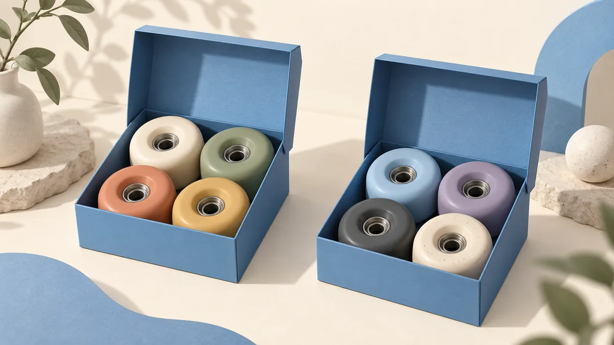 Illustration: Two open storage boxes holding different sets of skate wheels.