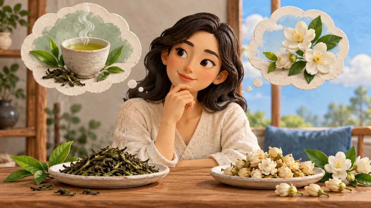 A person compares tea leaves and jasmine flowers, with separate tea and flower thought bubbles.