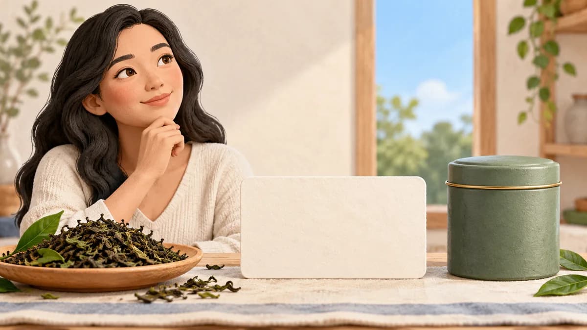A person sits beside tea leaves, a closed tin and a blank information card.