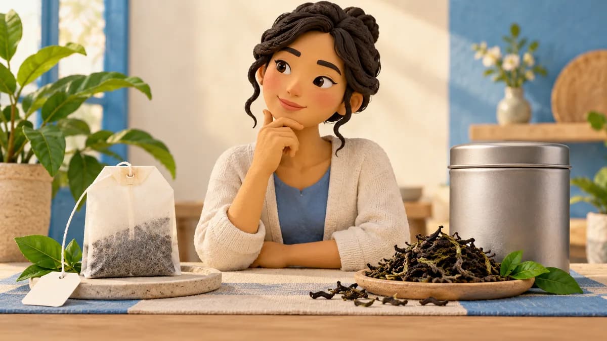 A person considers a tea bag, a storage tin and a plate of loose leaves.