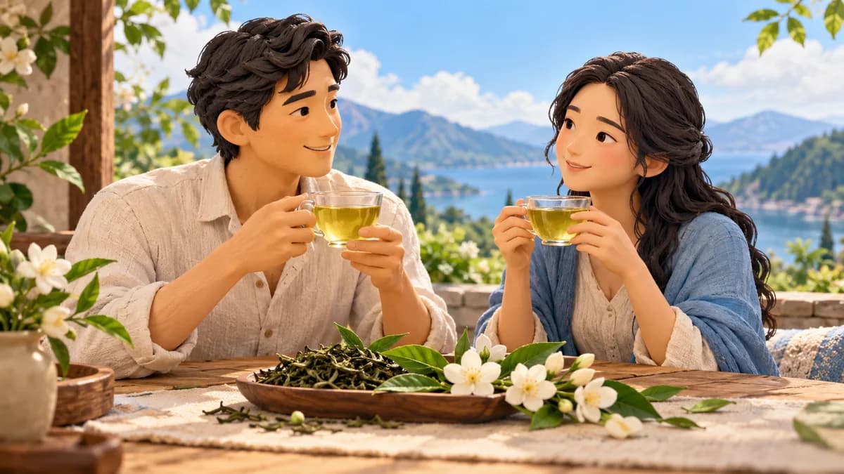Two people hold cups of tea beside loose leaves and white jasmine flowers.