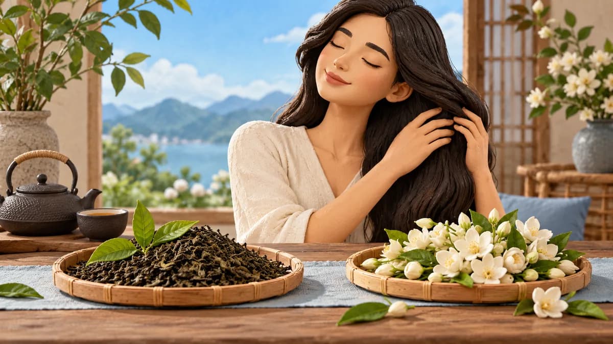 A person sits beside loose tea leaves and a plate of jasmine blossoms.