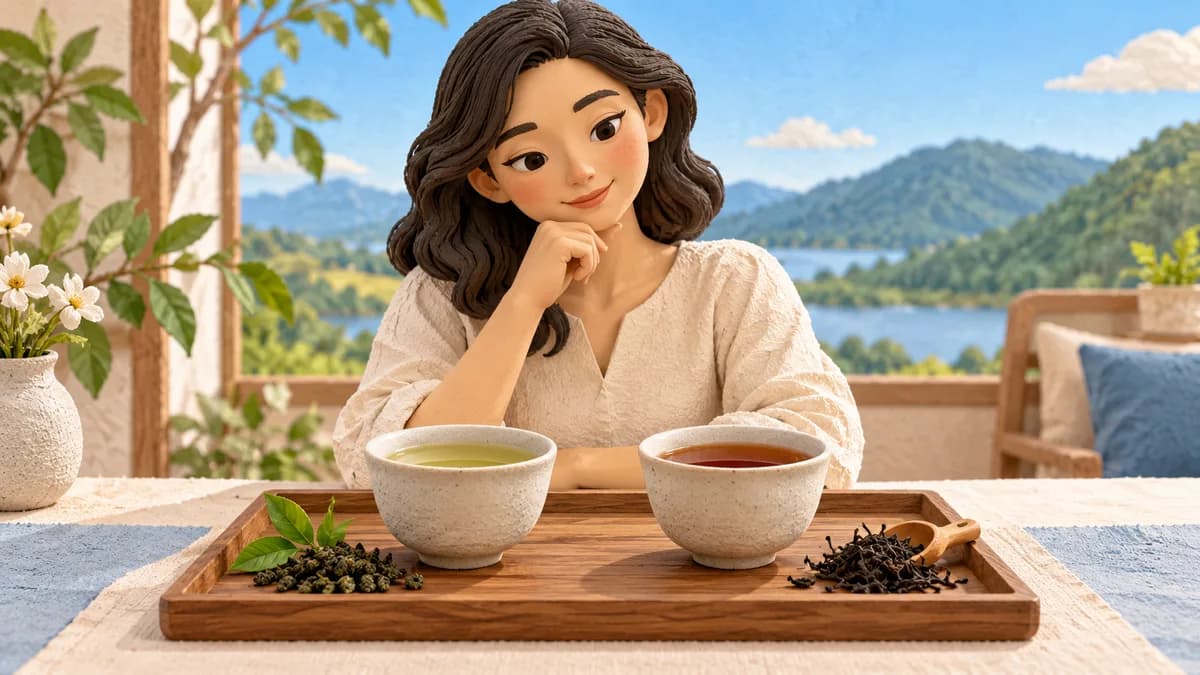 A person considers two cups of tea beside different loose-leaf samples.