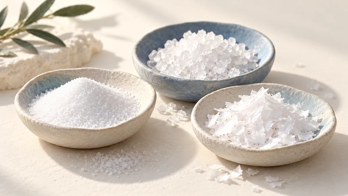 Illustration: Three shallow dishes holding fine salt, coarse crystals and large flakes.