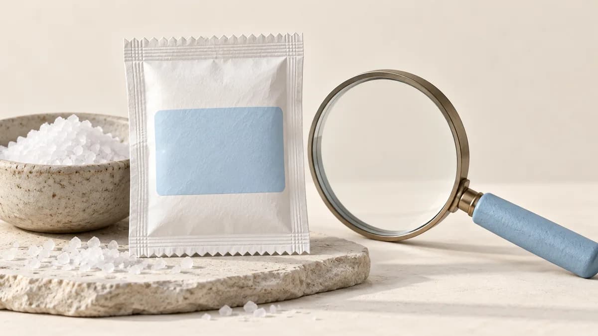 Illustration: A plain salt packet beside a magnifying glass and bowl of coarse salt.
