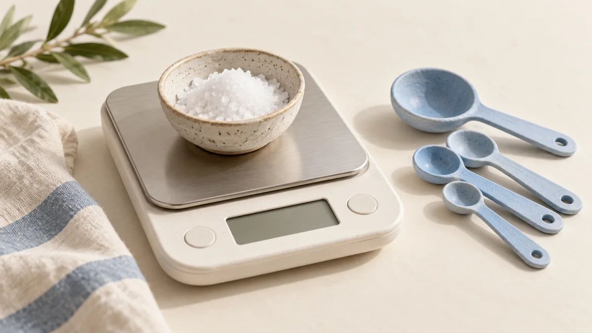 Illustration: A bowl of salt on a kitchen scale beside blue measuring spoons.