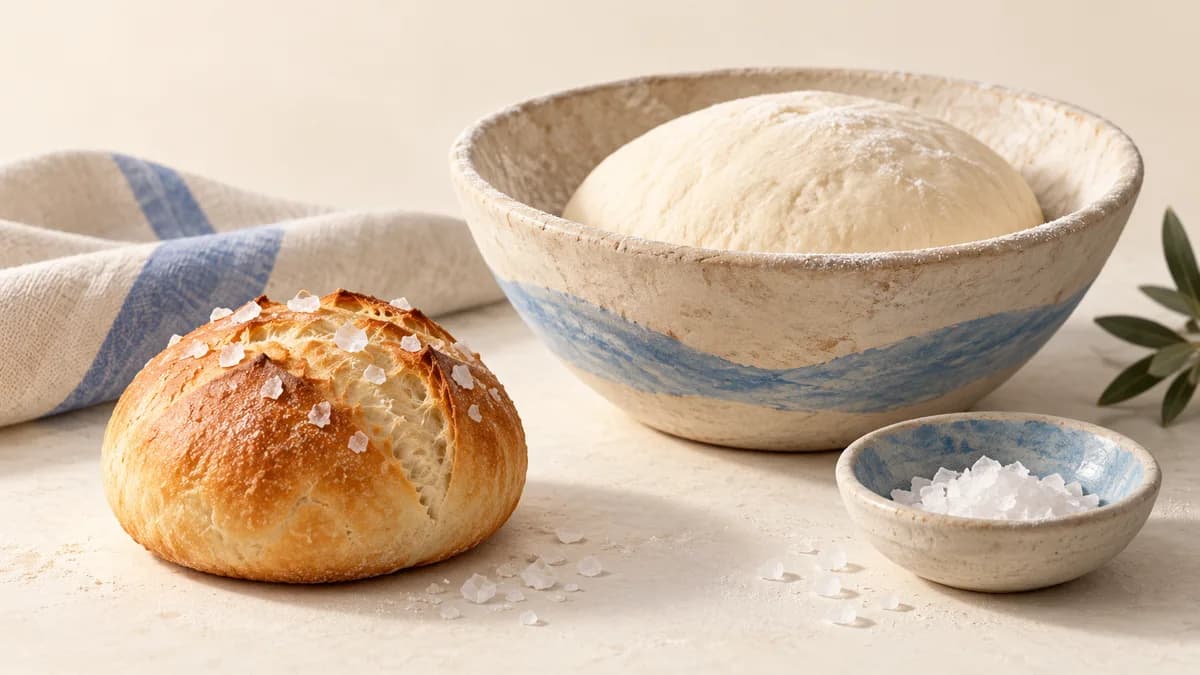 Illustration: A salt-topped bread roll beside a bowl of dough and small salt dish.
