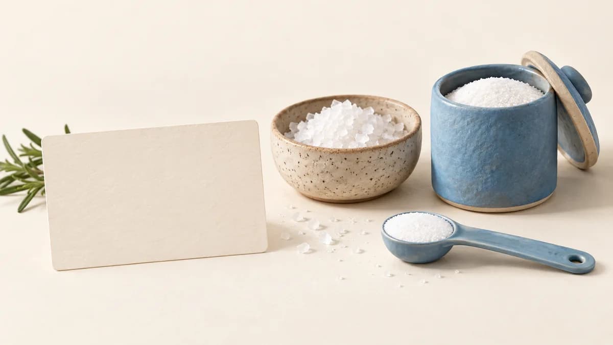 Illustration: A blank recipe card beside a salt bowl, blue salt cellar and measuring spoon.