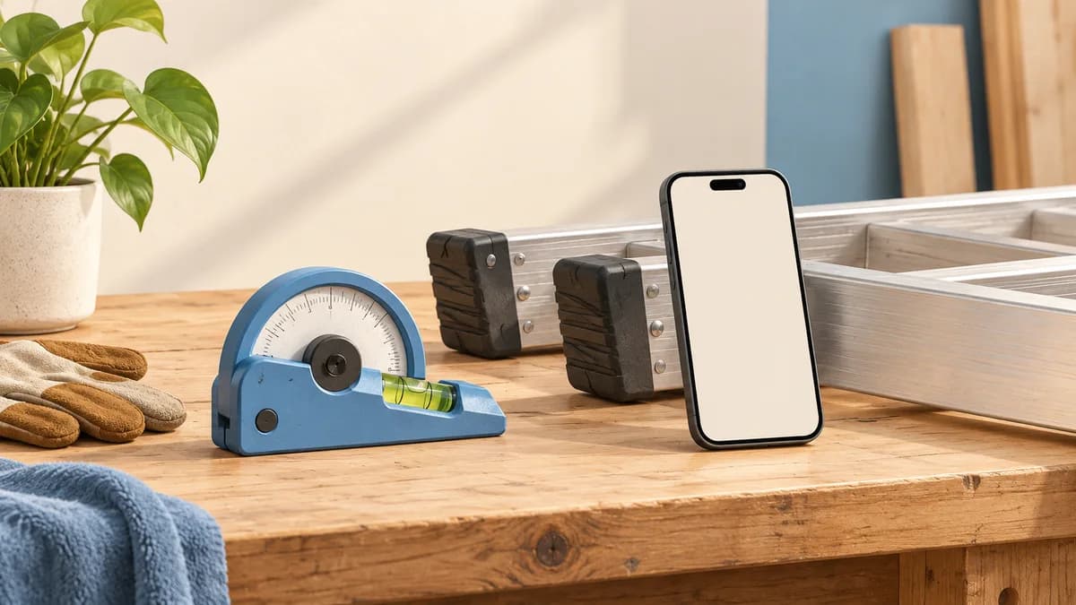 Illustration: An angle gauge and blank smartphone beside ladder parts on a workbench.