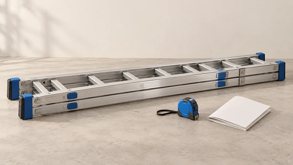 Illustration: Folded extension ladder beside a tape measure and blank booklet.