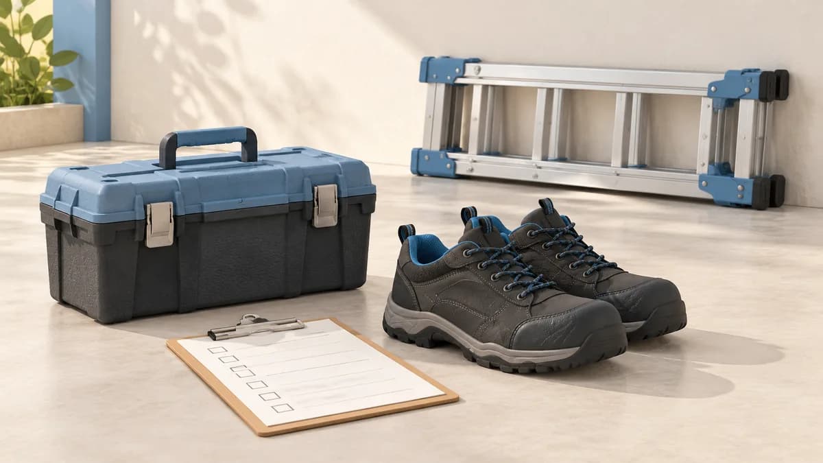 Illustration: Work shoes, toolbox and checklist beside a stored ladder.