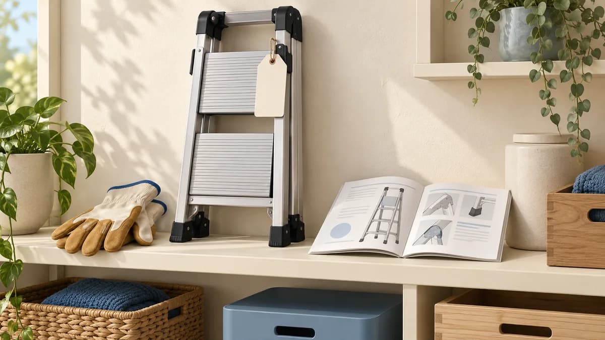 Illustration: Folded ladder with an inspection tag beside gloves and an open manual.
