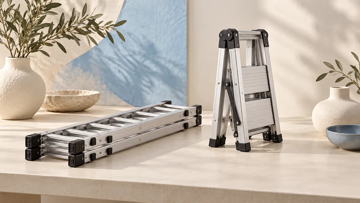 Illustration: A folded extension ladder and compact stepladder on a display surface.