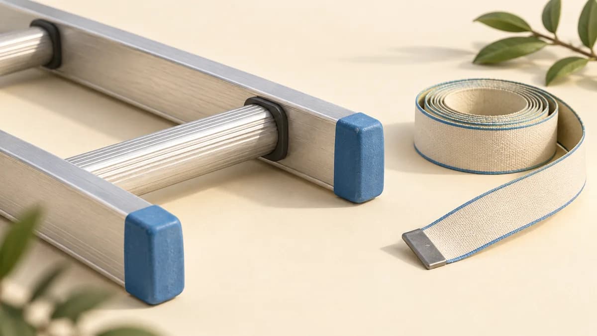 Illustration: Close view of a ladder rail and rung beside a coiled measuring tape.