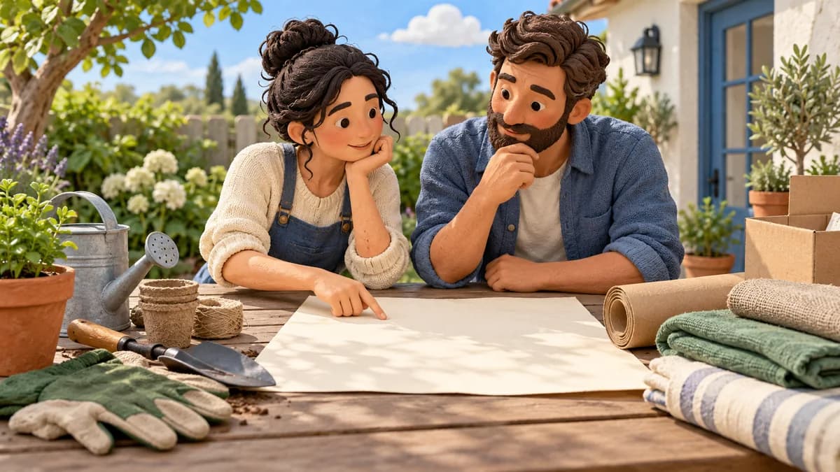 Illustration: two gardeners reviewing a planting plan beside fabric rolls and cardboard