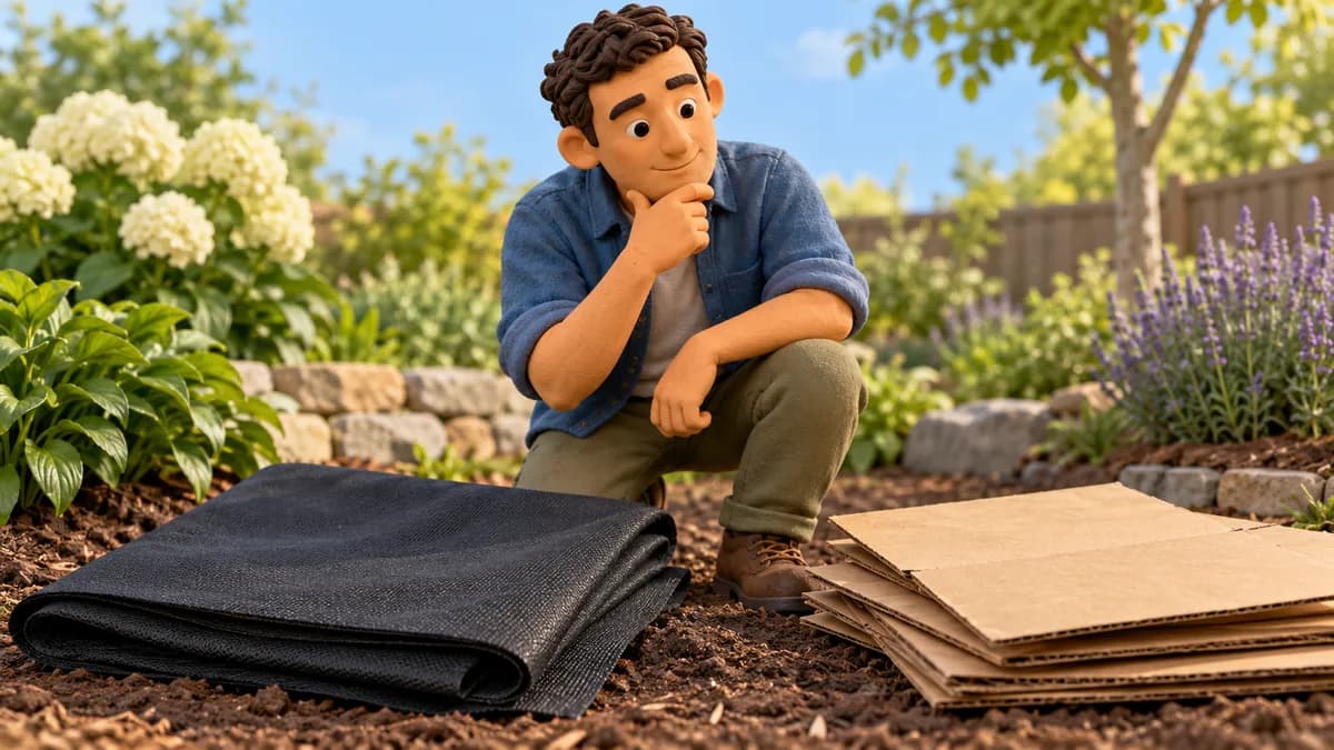 Illustration: gardener comparing folded black landscape fabric with cardboard sheets