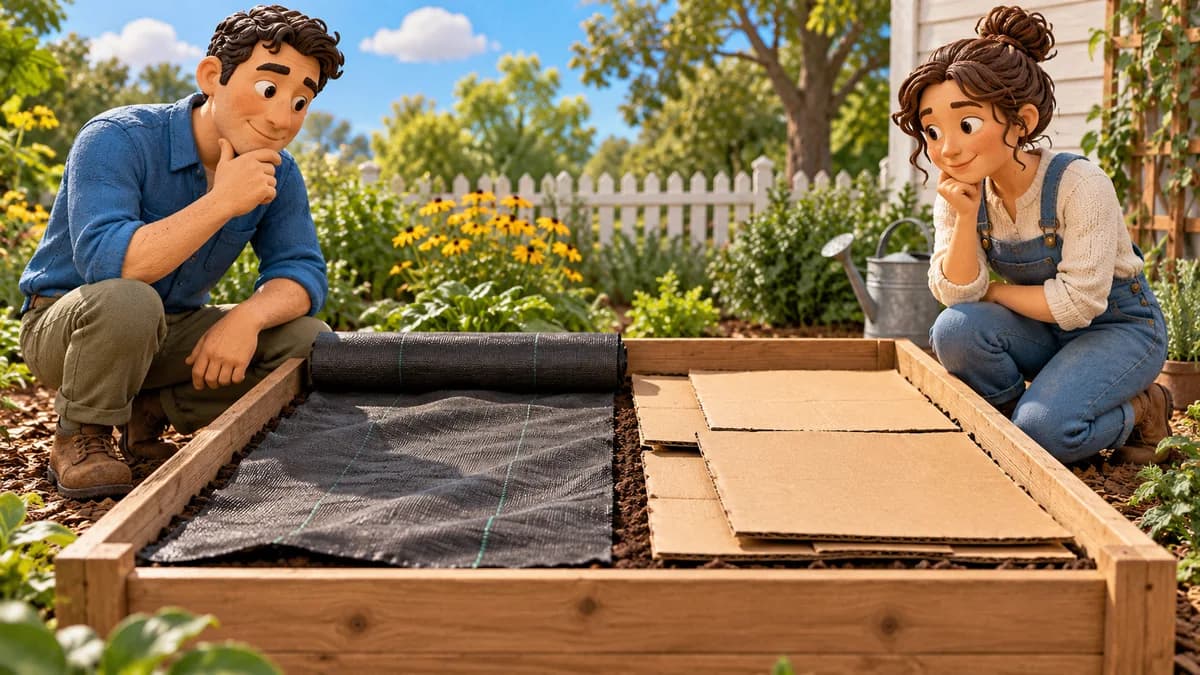 Illustration: two gardeners comparing fabric and cardboard in a divided demonstration bed