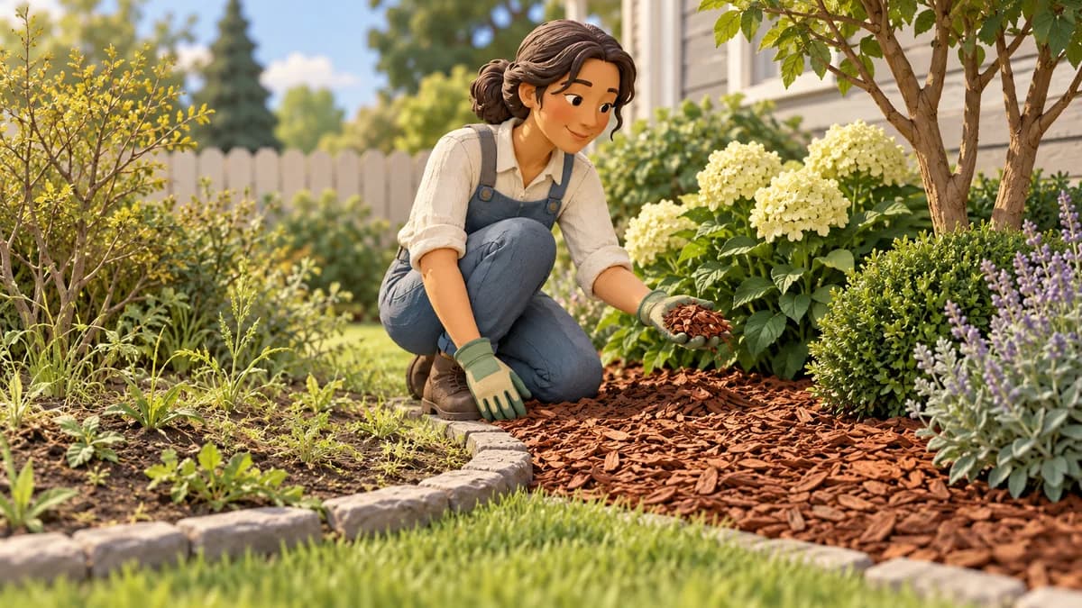 Illustration: gardener spreading wood mulch around established plants