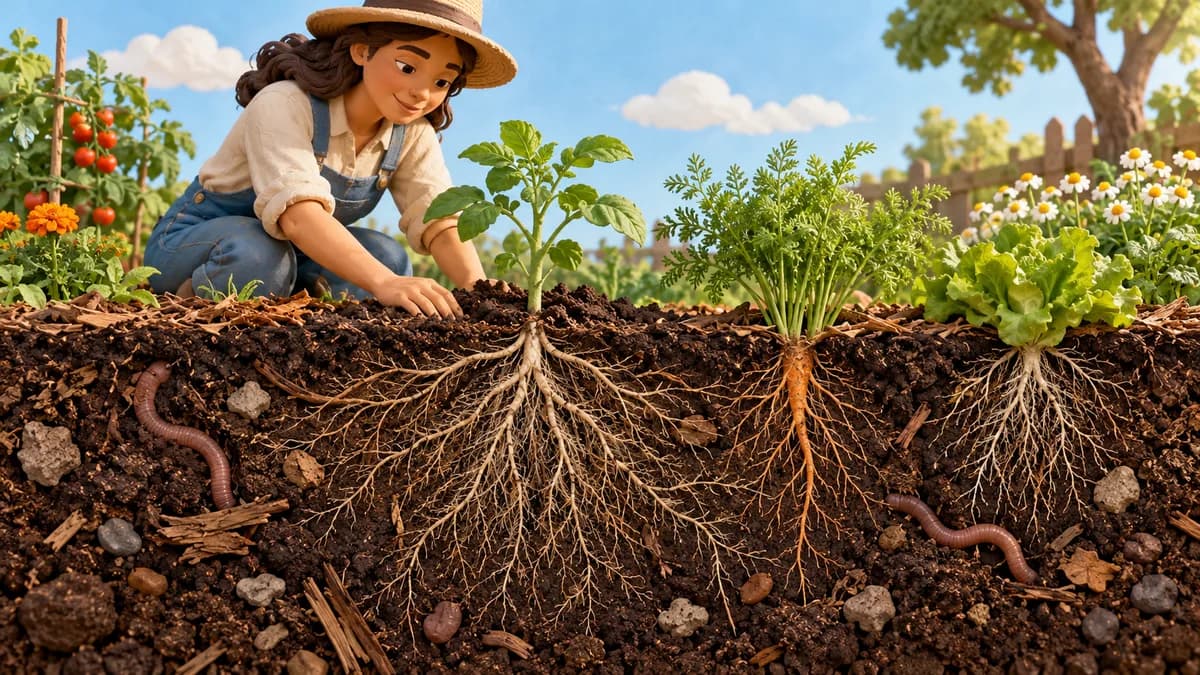 Illustration: garden soil cutaway showing plant roots and earthworms