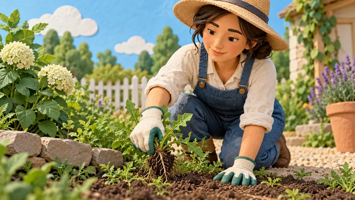 Illustration: gardener removing a small weed with its roots from a planting bed