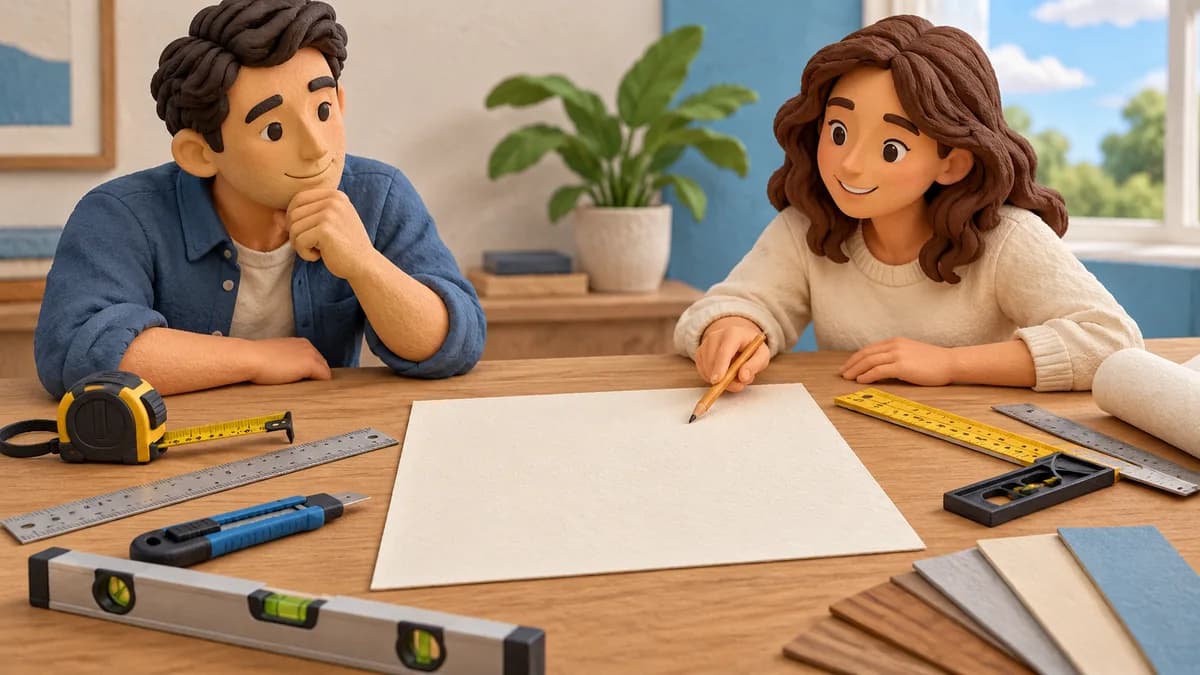 Illustration: two people checking a blank plan with a ruler, tape measure and level