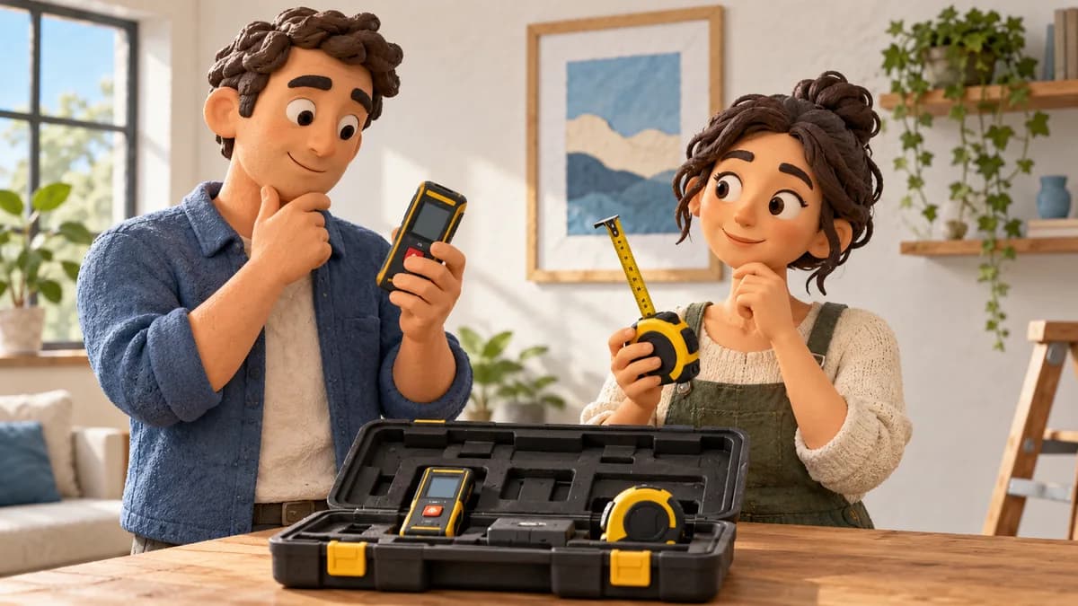 Illustration: two people comparing a laser measure and tape beside an open tool case