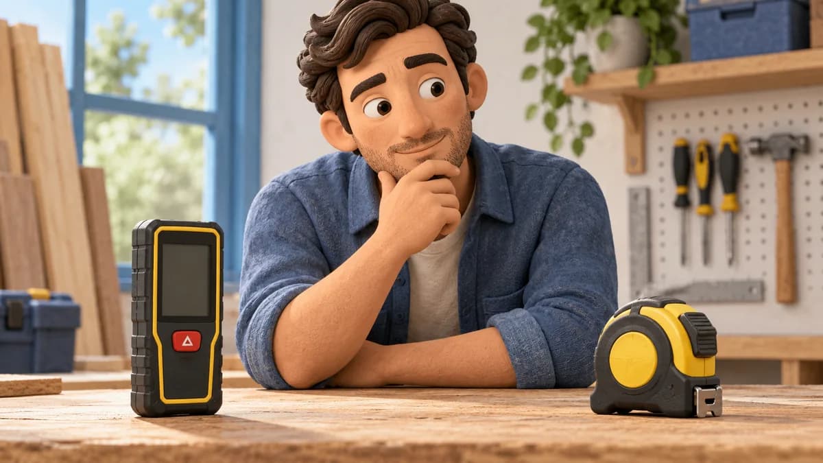 Illustration: person comparing a laser distance meter with a retractable tape measure