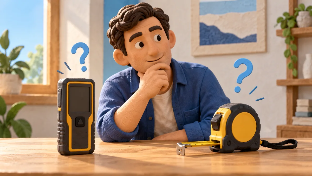 Illustration: person considering a laser distance meter and tape measure on a workbench