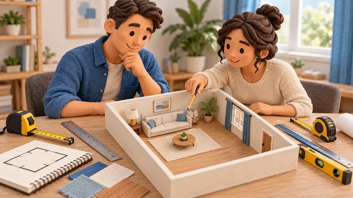 Illustration: two people reviewing room dimensions using a miniature room model and measuring tools