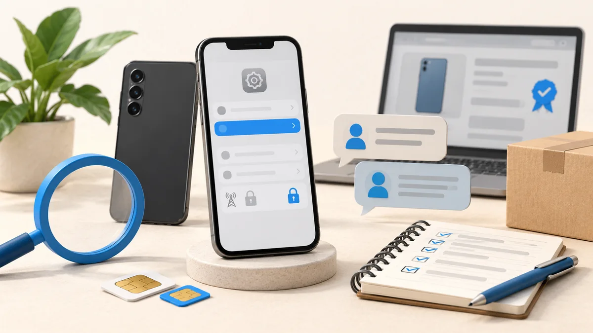 Illustration: A phone settings screen beside device documents and a magnifying glass.