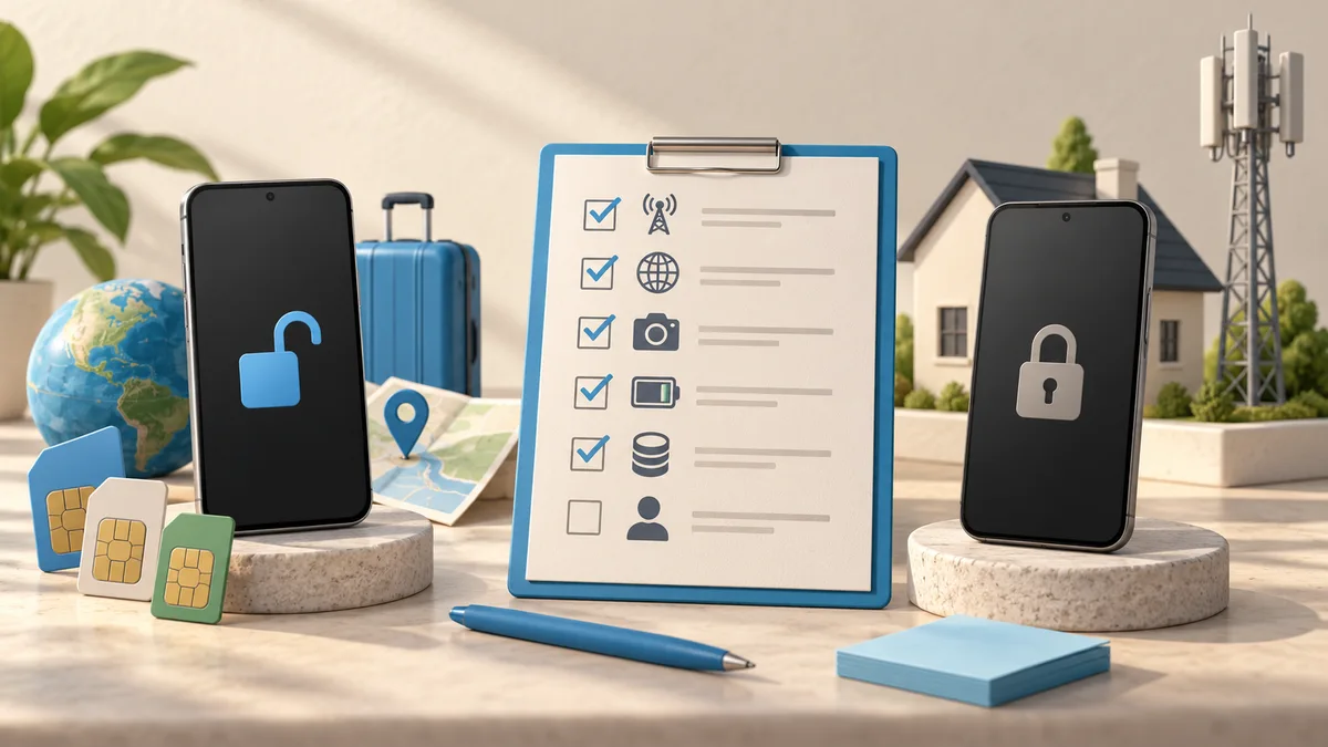 Illustration: Phones, a SIM card and a checklist for comparing purchase options.