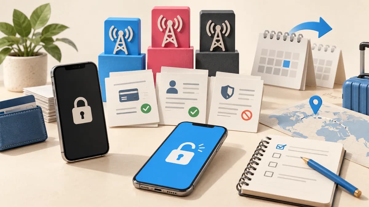 Illustration: Phones beside network symbols and compatibility checklists.
