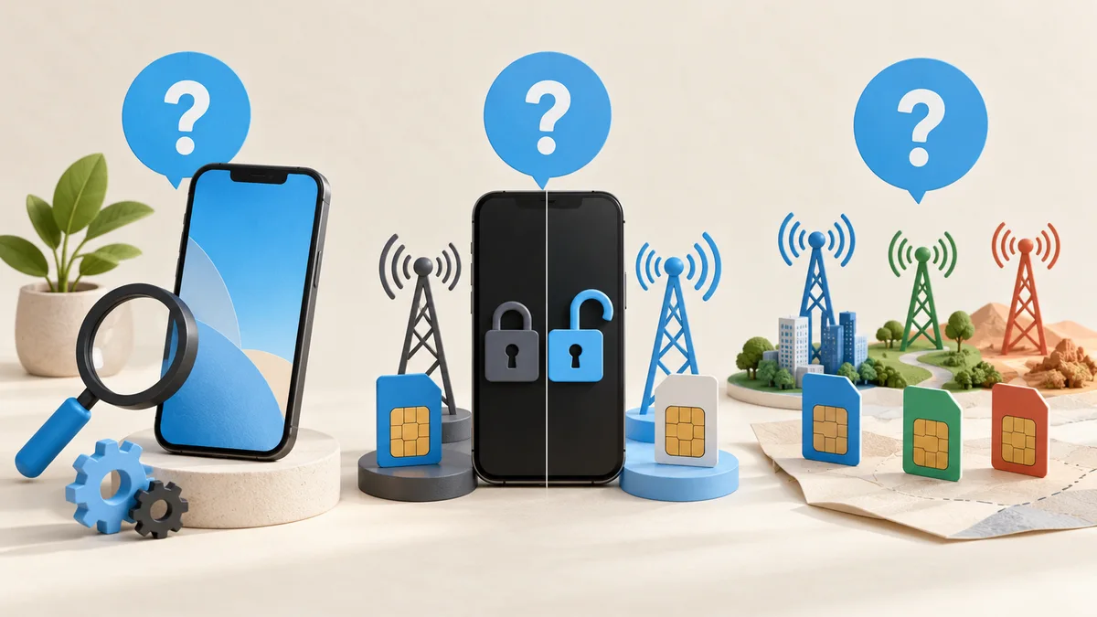 Illustration: Phones and network towers with lock and question symbols.