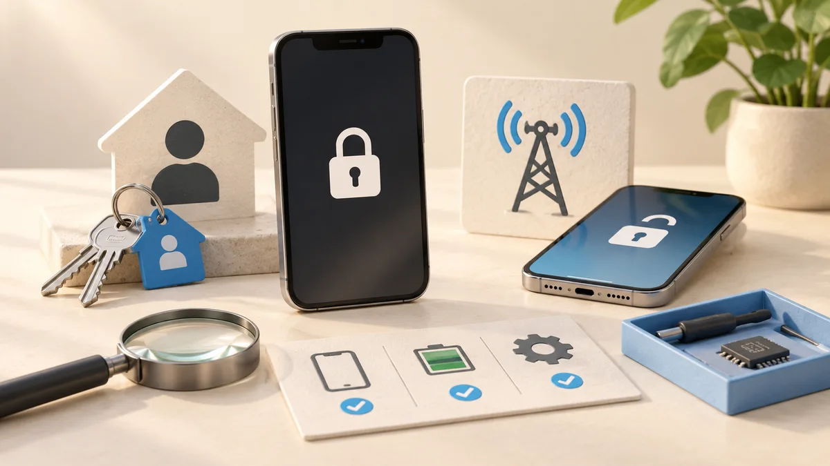 Illustration: A phone, identity card illustration and checklist for used-device checks.