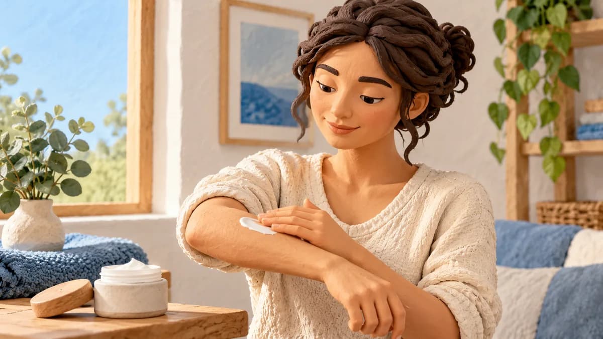 A woman applies cream to her forearm.