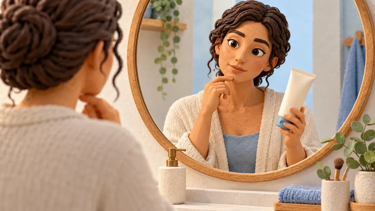 A woman reads a skincare tube beside a bathroom mirror.