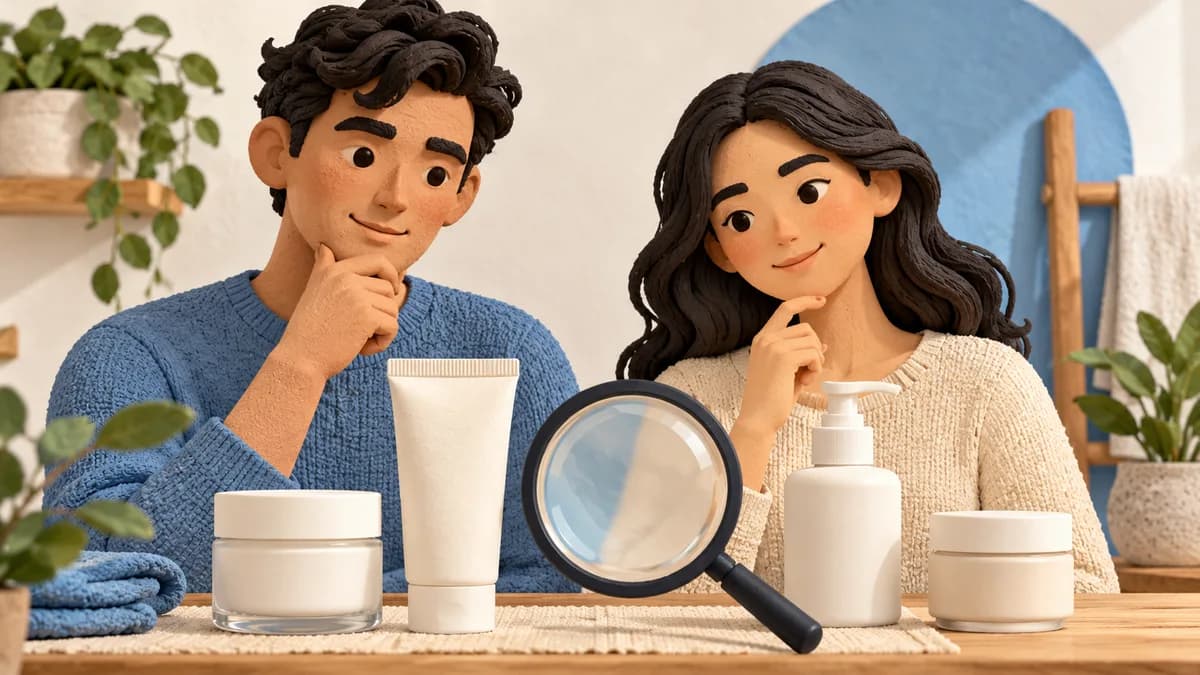 Two adults examine plain skincare containers with a magnifying glass.