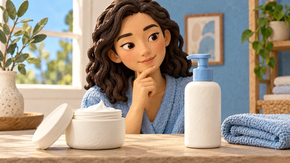 A woman considers a jar and pump bottle beside a folded towel.