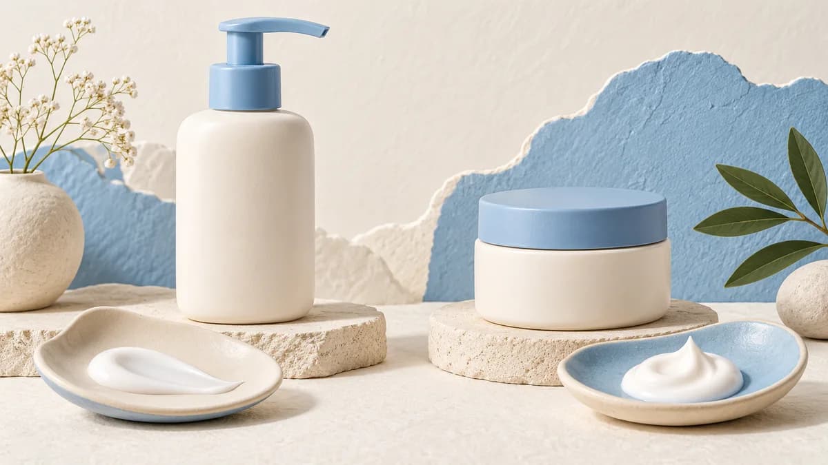 A lotion pump and cream jar with neutral texture samples.