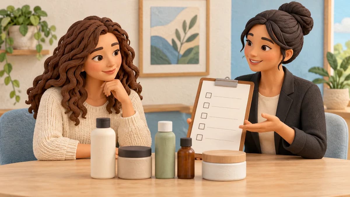 A stylist reviews a checklist with a client beside closed products.