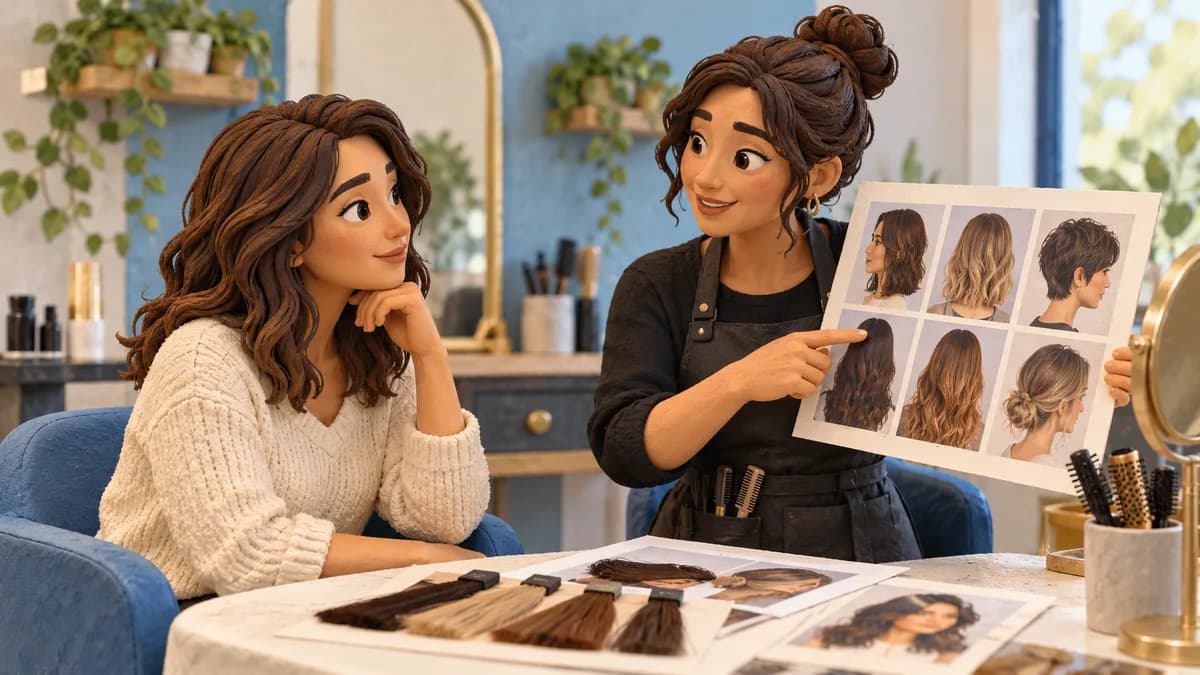 A stylist and client compare hair-history reference images.