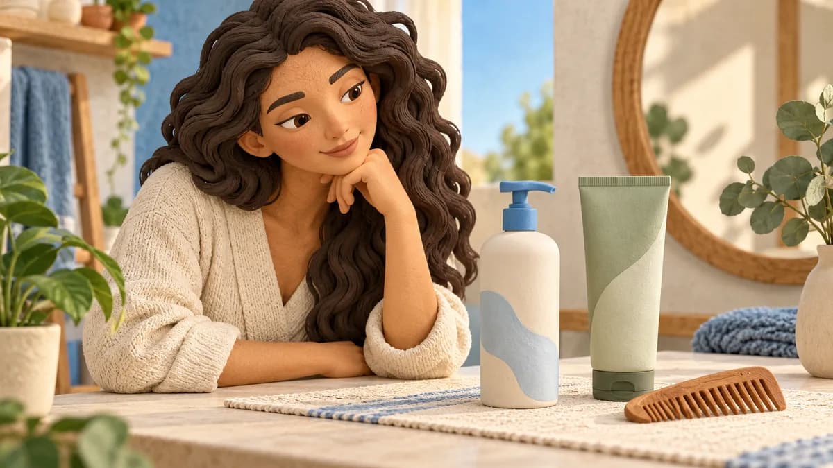 A woman considers closed hair-care containers and a comb.
