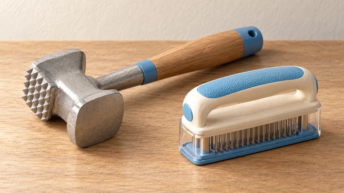 A dual-face mallet and guarded handheld blade tenderizer on a table.