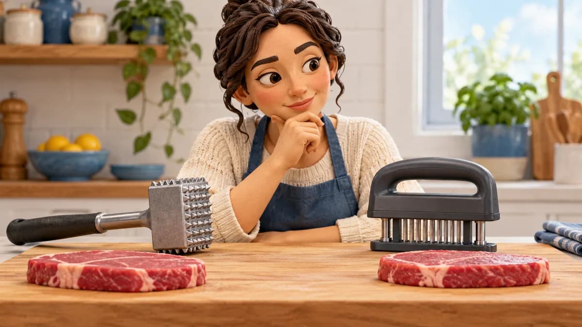 Illustration: cook comparing a textured mallet and a blade-style tenderizer beside raw steaks on a preparation board