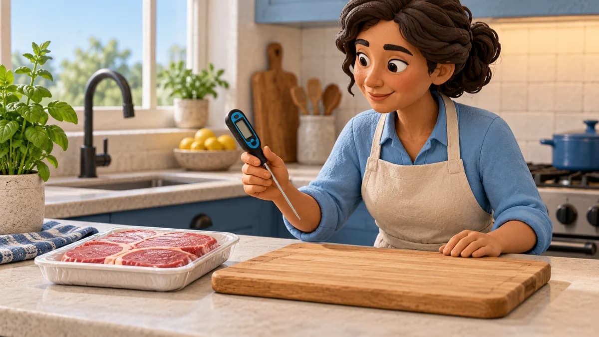 Illustration: cook inspecting a probe thermometer beside a clean board and packaged raw steak